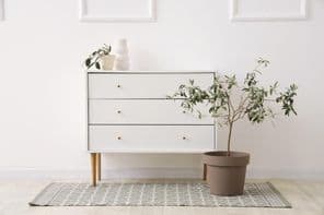 Komód virágcserepekkel és vázával a fehér fal közelében.